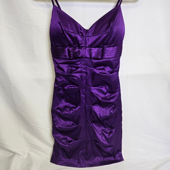 B Darlin Bodycon Satin Ruched Mini Dress, Purple, Juniors Size 3/4 - Picture 1 of 8